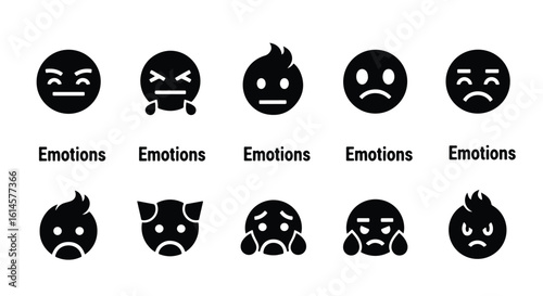 Vector Silhouette Icon Set -  black and white emoji icons representing various emotions and expressions editable line icon set