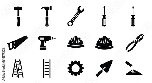 Vector Silhouette Icon Set -  construction and diy tools, including hammers, wrenches, drills, and safety gear editable line icon set