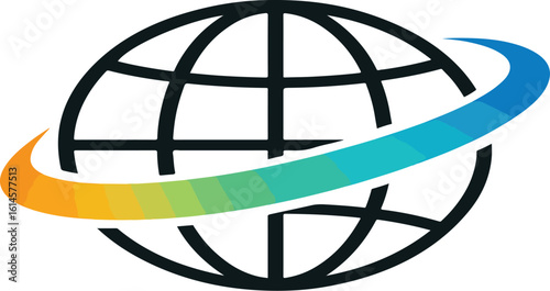 Global Connectivity Icon with Multicolor Swoosh Around Stylized Globe