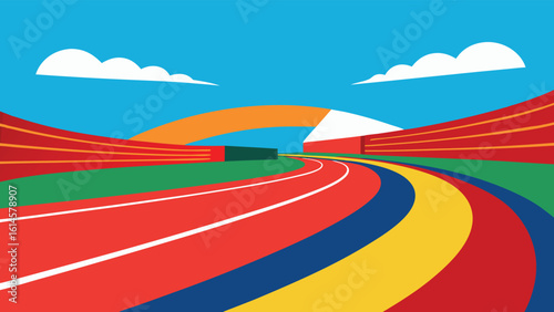 Vibrant running track stadium with colorful lanes and stadium seating