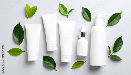 Wallpaper Mural Top view various organic skincare product set white tube, serum, glass bottle, cream  Torontodigital.ca