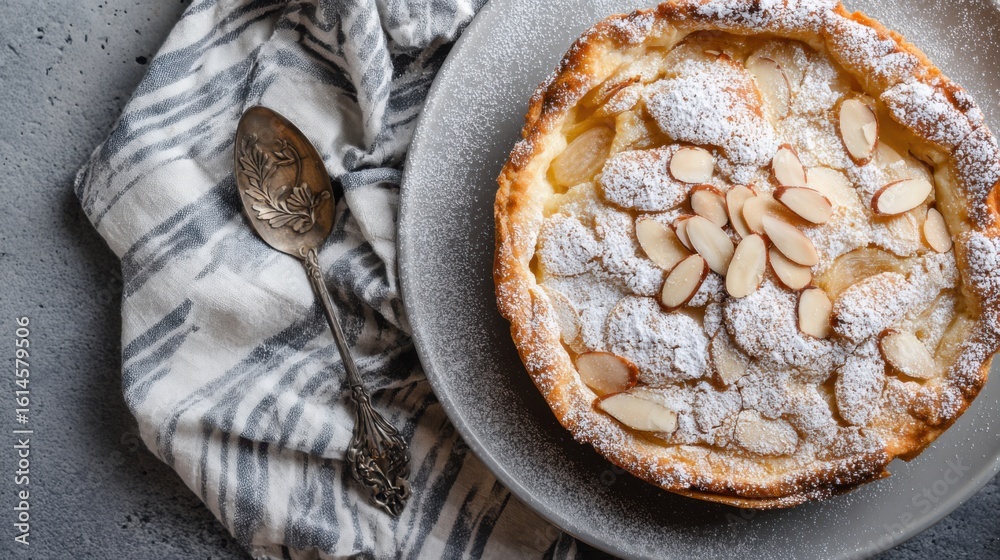 Fototapeta premium A delectable baked dessert presents a golden crust topped with sliced almonds and a dusting of powdered sugar, arranged elegantly on a gray plate beside a decorative silver spoon on a striped cloth.