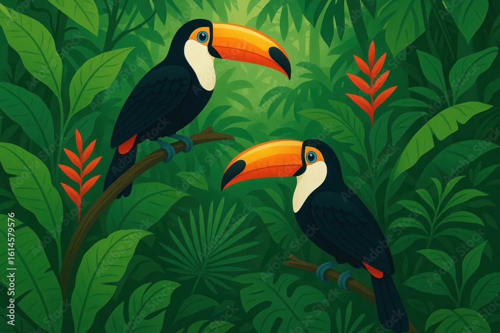 Fototapeta premium Toucans perched in lush jungle.