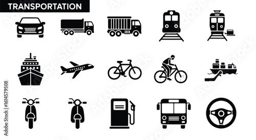 A diverse collection of transportation icons including cars, trucks, trains, ships, airplanes, bicycles, scooters, and buses editable line icon set