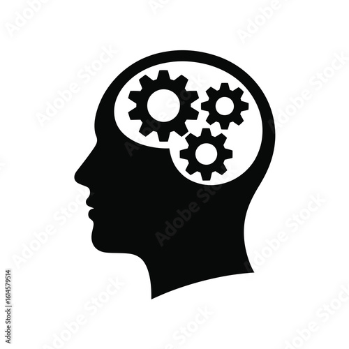 Human head silhouette with gears inside symbolizing thought process isolated on white background silhouette