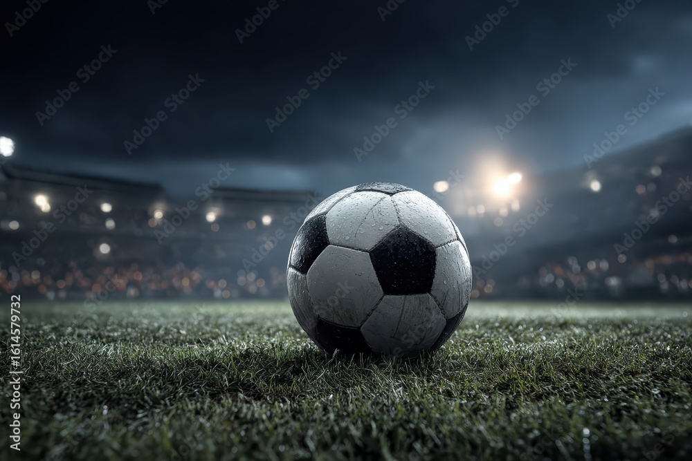 Obraz premium Dramatic nighttime view of a soccer ball resting on grass in a packed stadium ready for an exciting match under stadium lights
