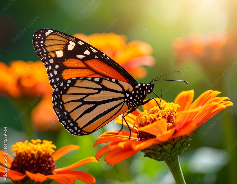 Obraz premium Monarch butterfly on vibrant orange flowers