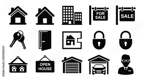 Vector Silhouette Icon Set -  real estate icons including houses, keys, doors, locks, and sale signs editable line icon set