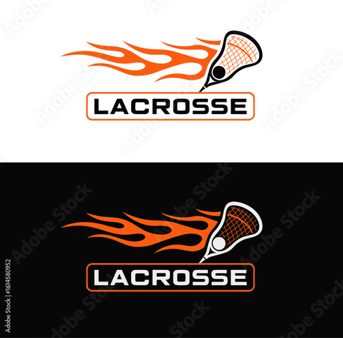 Flaming Lacrosse Stick and Ball Logo Vector
