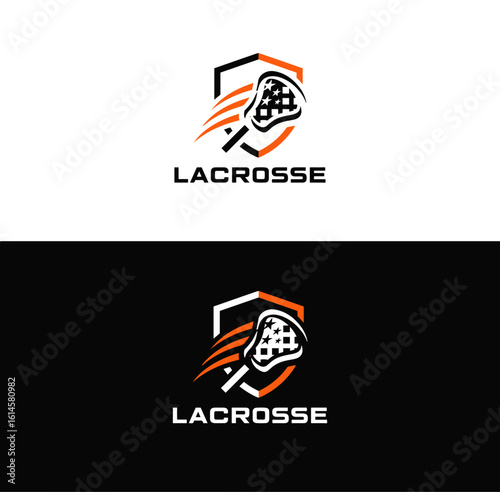  Dynamic Lacrosse Stick on Shield Logo Vector