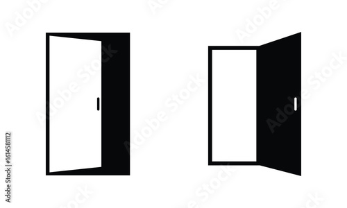 Door icon. Open door and closed sign set. Exit and enter with arrow symbol. Exit and entry door icon set. Entrance exit door with directional arrow icon sign. Home office concept. Vector illustration.