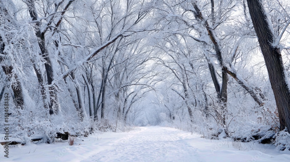 Obraz premium A tranquil path leads through a winter forest, where trees are heavily coated with frost and snow. The white landscape offers a peaceful, minimalist scene perfect for winter lovers.