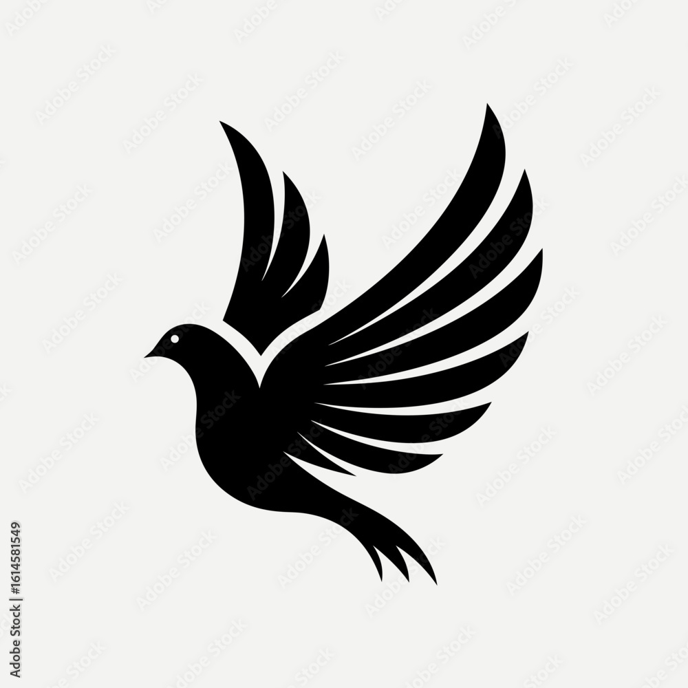 Fototapeta premium Black silhouette of a dove with wings spread on a white background bird