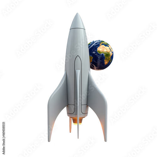 Futuristic rocket launching into space with earth in background.