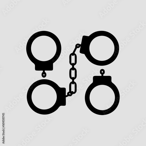 Four Black Handcuffs Connected By Chain On White Background metal security