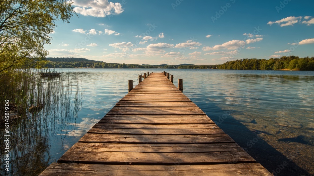 Fototapeta premium A long wooden dock leads into a calm lake surrounded by lush trees and distant hills. The sky is clear with soft clouds, creating a peaceful afternoon atmosphere.