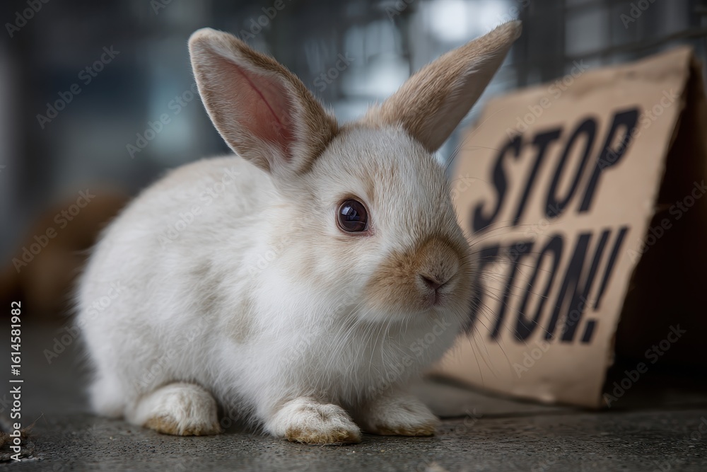 Obraz premium Cute rabbit sits beside a cardboard sign urging people to stop animal testing and promote humane treatment of animals in research facilities