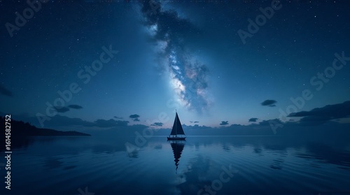 Sailboat sailing on calm water under a starry night with milky way view