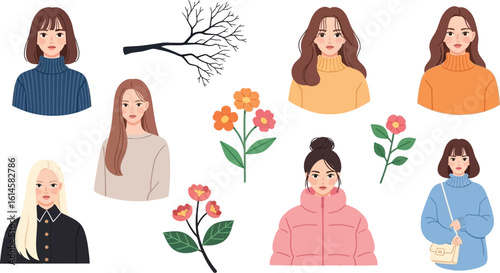 Illustration of diverse women in winter fashion with flowers and bare tree branch art