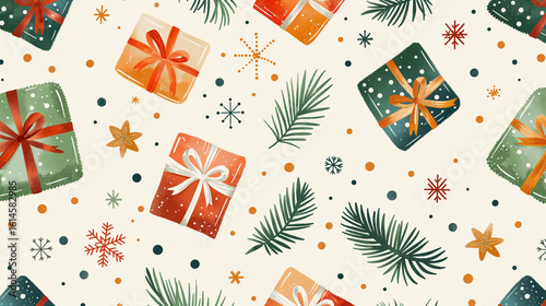 Watercolor christmas gift boxes and pine branches seamless pattern