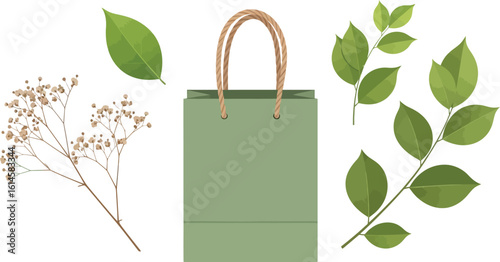 Eco friendly shopping bag mockup with green leaves and flowers for sustainable branding design