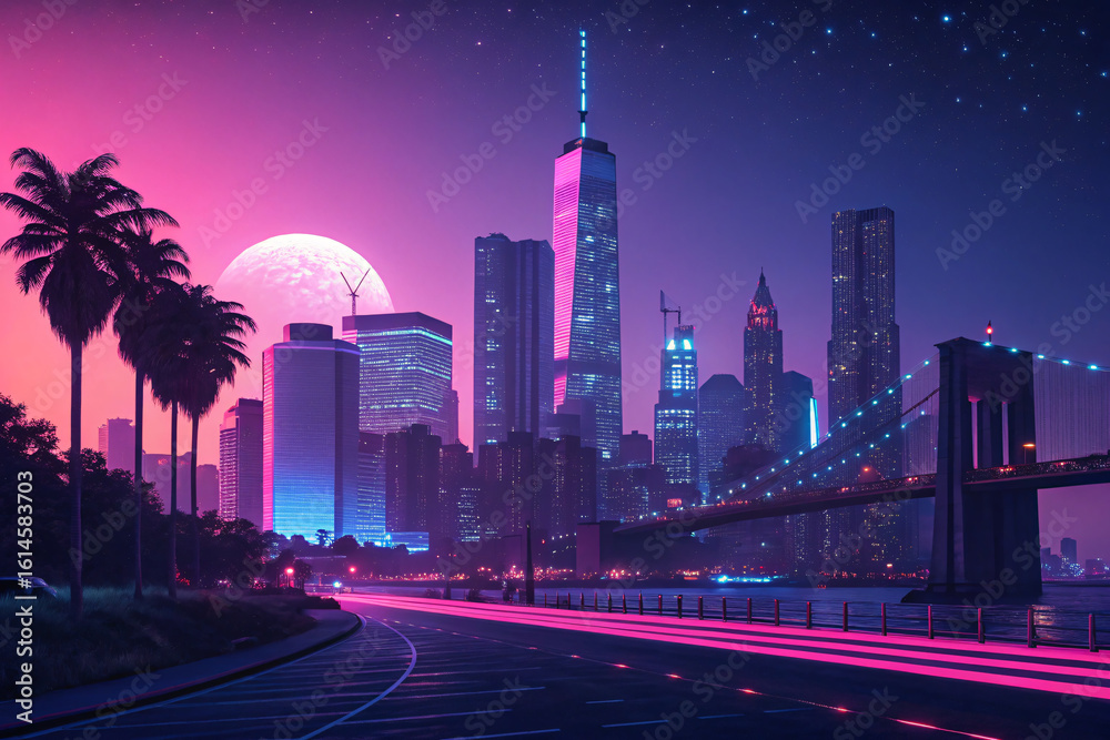 Fototapeta premium Experience vibrant city nightlife with captivating neon skyline and palm trees under the moonlight for unforgettable memories