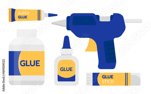 Flat vector set of adhesive tools including latex, instant, liquid, stick types, and a hot glue gun. Designed in soft white, gray, yellow, and blue tones—great for DIY or crafting visuals.