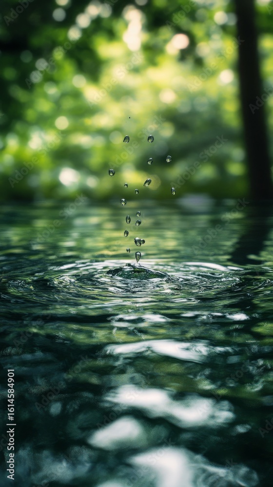 Fototapeta premium Water Droplets Falling Creating Ripples in Pond Surface Nature