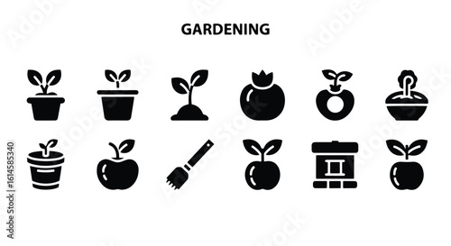 Vector Silhouette Icon Set -  gardening icons including plants in pots, sprouts, fruits, and tools editable line icon set