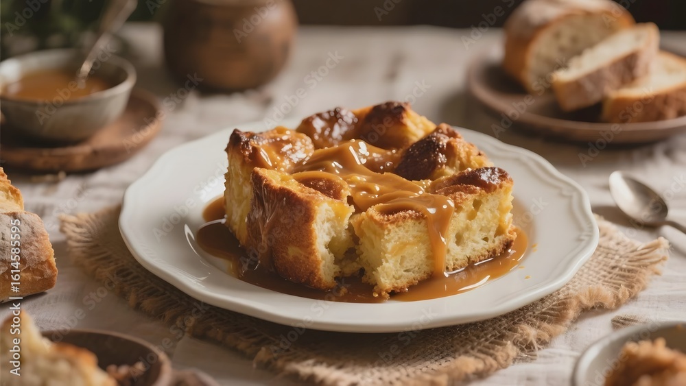 Warm Bread Pudding with Caramel Sauce Served on a White Plate Warm Bread Pudding with Caramel Sauce Served on a White Plate