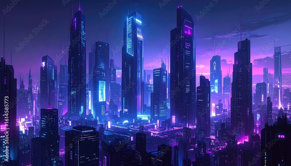 Fototapeta premium Futuristic cityscape at night with vibrant neon lights