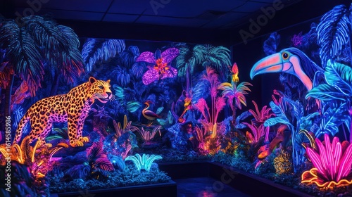 Fototapeta Naklejka Na Ścianę i Meble -  Vibrant, neon-lit jungle scene with a jaguar, toucan, and lush foliage