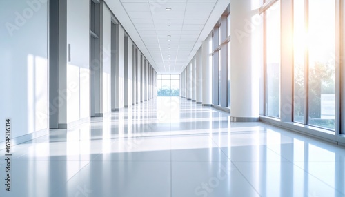 Bright, empty modern office building interior corridor with glass walls and clean, light-filled architecture, highlighting the spacious hallway and entrance