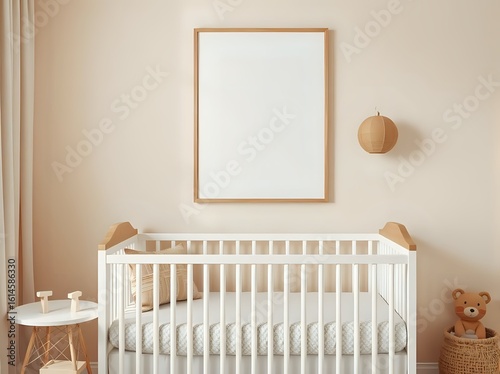 japandi nursery with vertical poster mockup and natural wood toys in pastel beige calming design