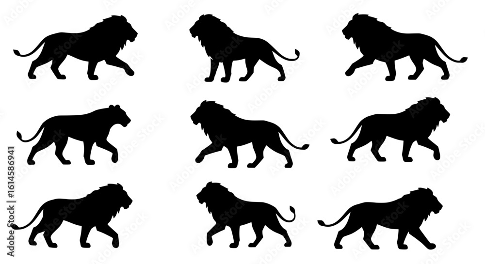 Obraz premium Lion Silhouettes in Sequence: A collection of majestic lion silhouettes captured in dynamic poses, showcasing their regal grace and power.