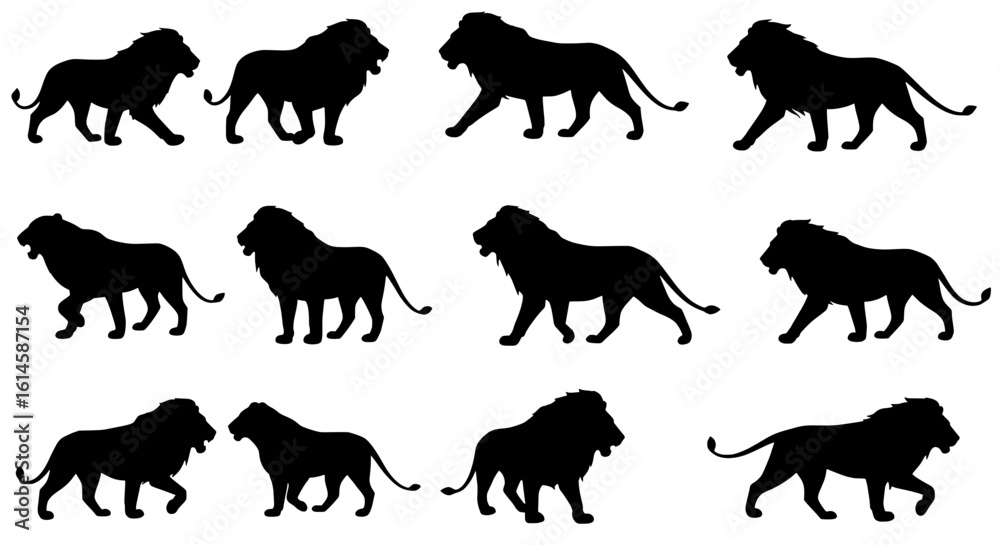 Obraz premium Lion Silhouette Collection: A majestic set of lion silhouettes, exuding strength and grace, perfect for artistic and design applications.