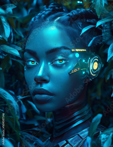 Biopunk woman with glowing headset and yellow cybernetic eyes in foliage