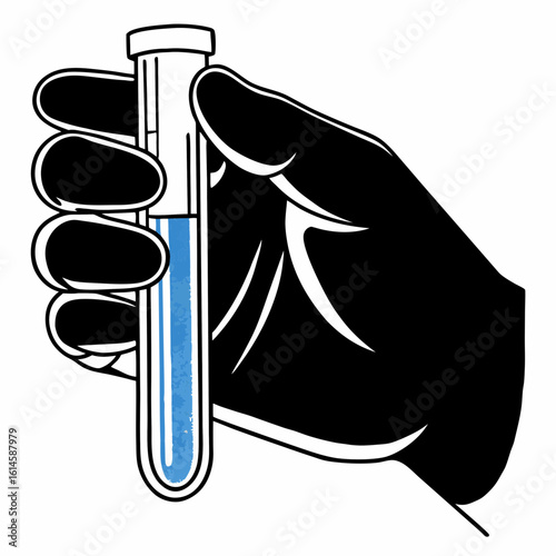Vector art of a hand holding a test tube filled with blue liquid for scientific research and experimentation
