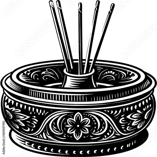 Vector art of an intricately designed incense bowl holds several incense sticks releasing a calming aroma for meditation