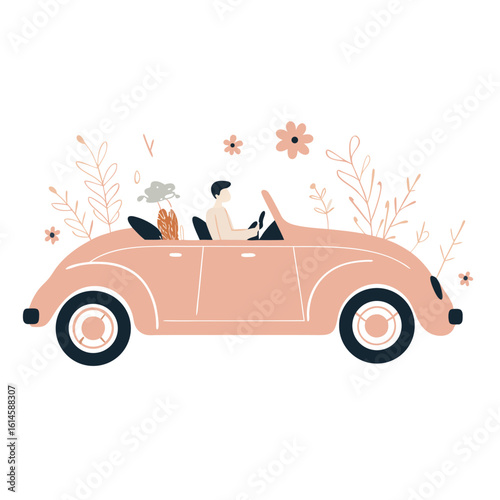 Newly married couple is traveling by car. Vector