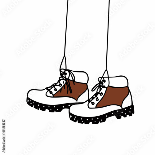Vector art of a pair of stylish hiking boots hanging by their laces against a clean white backdrop