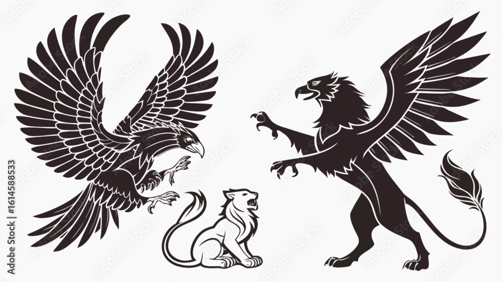 Obraz premium Heraldic griffin illustration vector art design featuring lion and eagle elements for graphic design projects