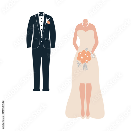 Silhouette vector illustration of a cartoon wedding couple, a bride in a wedding dress and a groom in a suit, standing as fashionable people