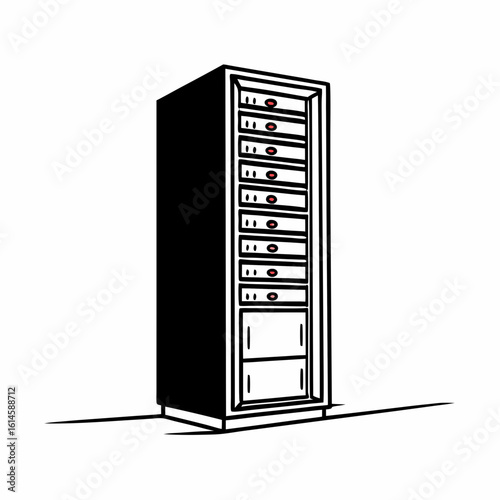 Vector art of an isolated server rack illustration showcasing data storage and network infrastructure in a modern data center