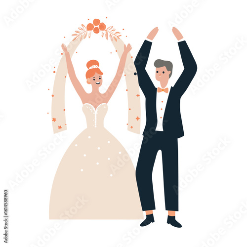 Just married couple, groom carries bride in arms after wedding ceremony. Vector illustration in flat style