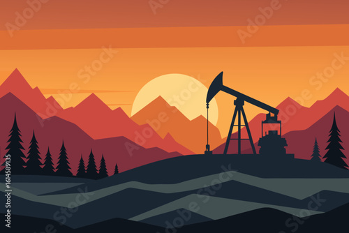 Oil pumpjack operating in a mountainous landscape at sunset