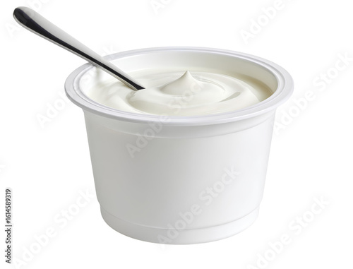 Plain yogurt cup with stainless steel spoon, isolated PNG for breakfast or dessert concepts.