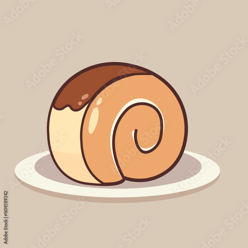 A sweet rolled cake with a perfect spiral shape served on a white plate. The top is coated with melted chocolate that looks tempting and truly mouthwatering