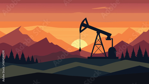 Oil pumpjack silhouetted against a vibrant sunset over mountainous landscape