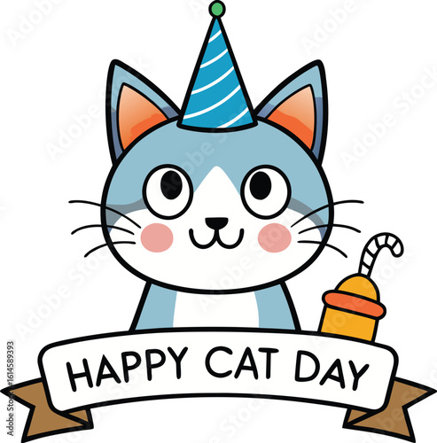 Cute kitten vector illustration: funny pet cat with a gift drawing